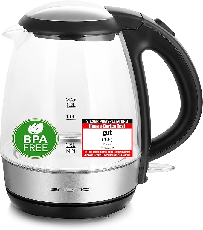 EMERIO WK-125145 Kettle schnurlos Glas, Black, Silver