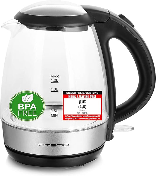 EMERIO WK-125145 Kettle schnurlos Glas, Black, Silver