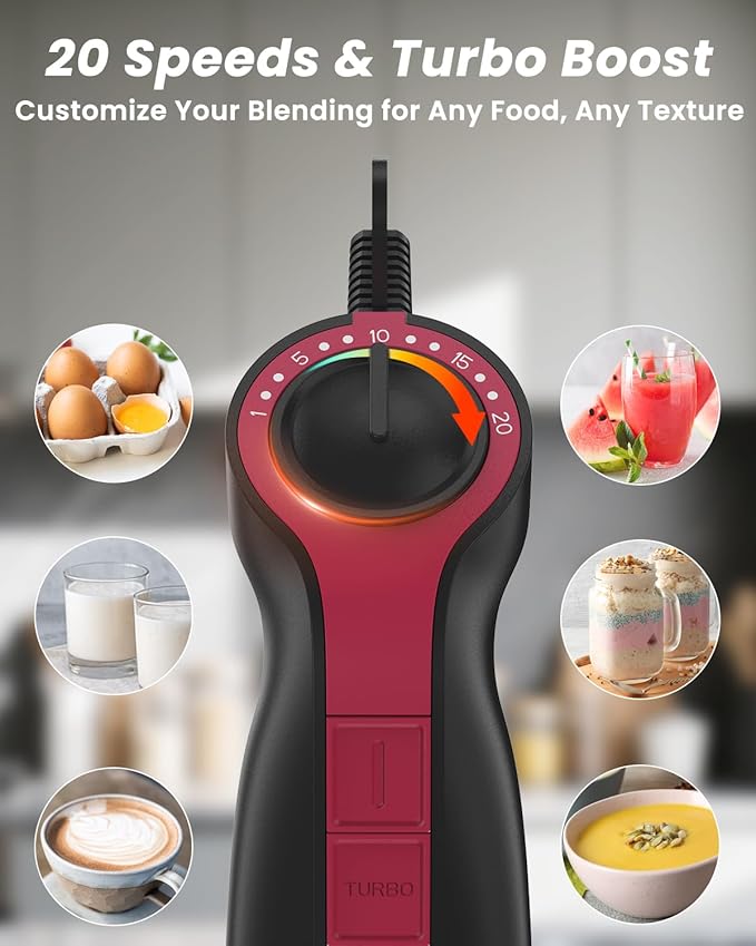 Immersion Blender Handheld 1000W, 3-in-1 Stick Hand Blenders for Kitchen with Upgraded 20 Speed Turbo, Includes Milk Frother & Electric Whisk Attachments for Soups, Purees & Emulsions