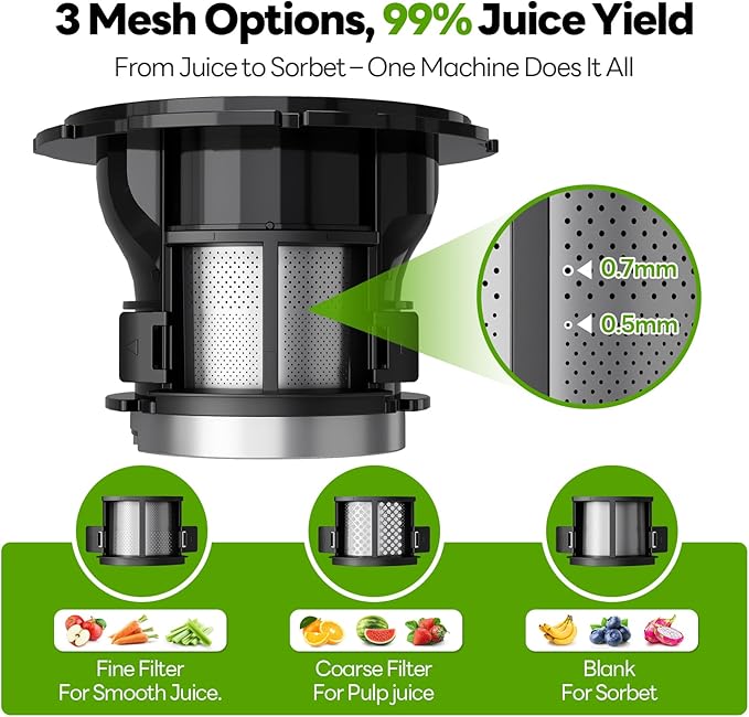 ECOSELF Cold Press Juicer with 3 Filters (For Juice/Sorbet/Nut Milk), Juicer Machines With 6.0" Wide Mouth Hopper, Self Feeding & Hands-Free Design, Upgraded Motor, Juicer for Family Gathering Party