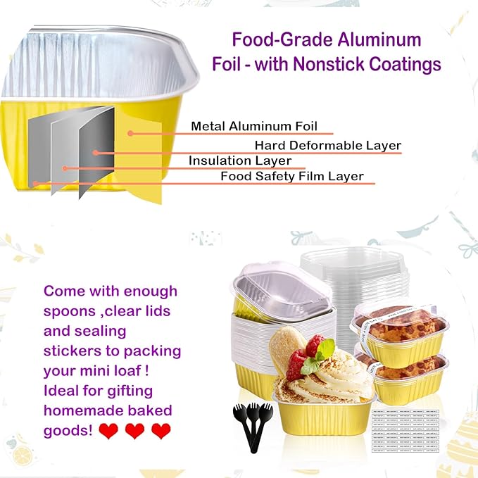BZIDII 10oz Mini Cake Pans With Lids 50 Pack Aluminum Foil Square Brownie Baking Cups,Disposable Loaf Pans With Lids and Spoons Stickers,Large Cupcake Pans Muffin Tins Cake Container (Gold)