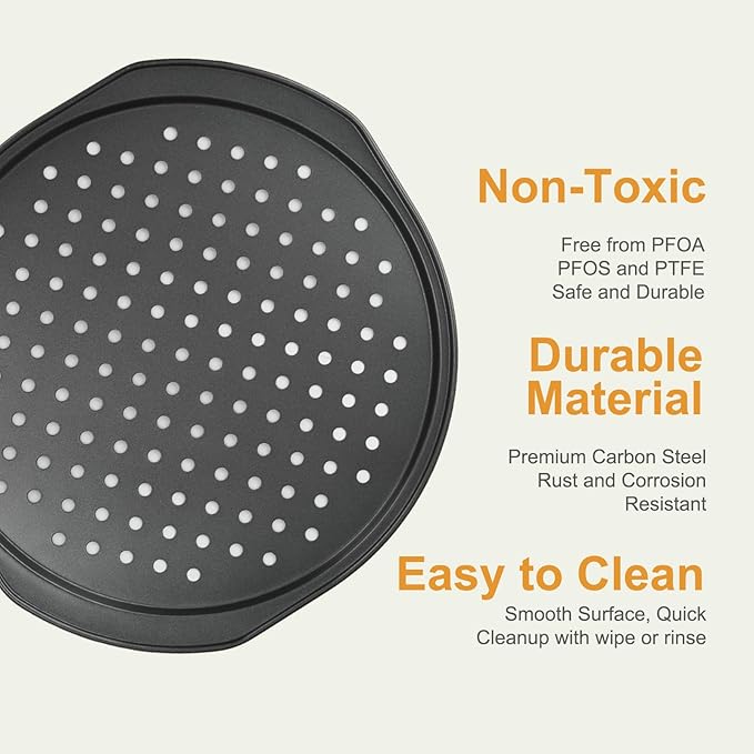 BSDLZCH 13 Inch Pizza Pan for Oven, 2 Pack Round Pizza Pan with Holes Non-sticking Carbon Steel Pizza Tray with Handles Pizza Baking Pan for Cooking and Grilling Oven Safe