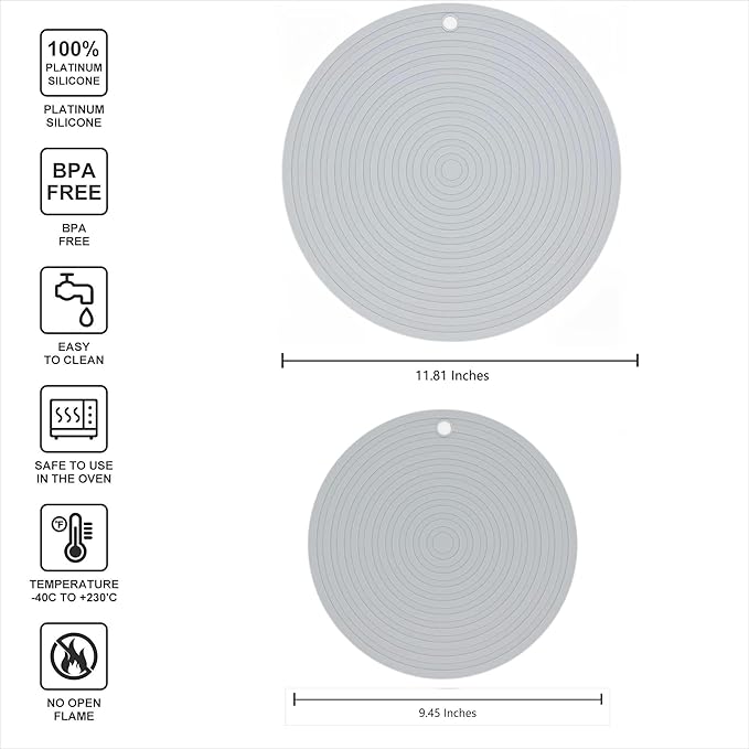 Silicone Trivets Mats for Pots and Pans, Heat Resistant Pot Holders, Flexible Hot Pads for Kitchen Table, Non Slip Mats, Dia11.81 and 9.45 Inches Big Round Microwave Mats Pack 3 Light Gray