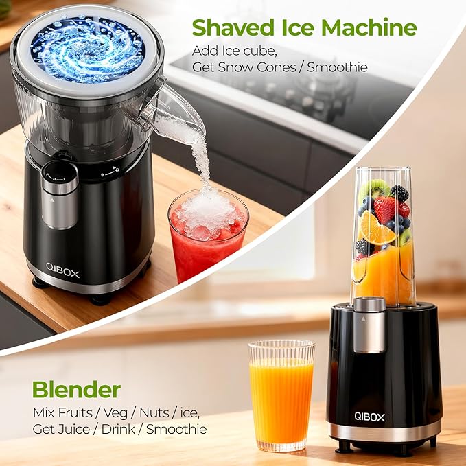 QIBOX Snow Cone Machine & Smoothie Blender 2 in 1, 700W Powerful Shaved Ice Machine Slushine Machine, Healthy Frozen Drink Maker with Stainless Steel Blade & Smoothie Recipe, for Home Kitchen Party