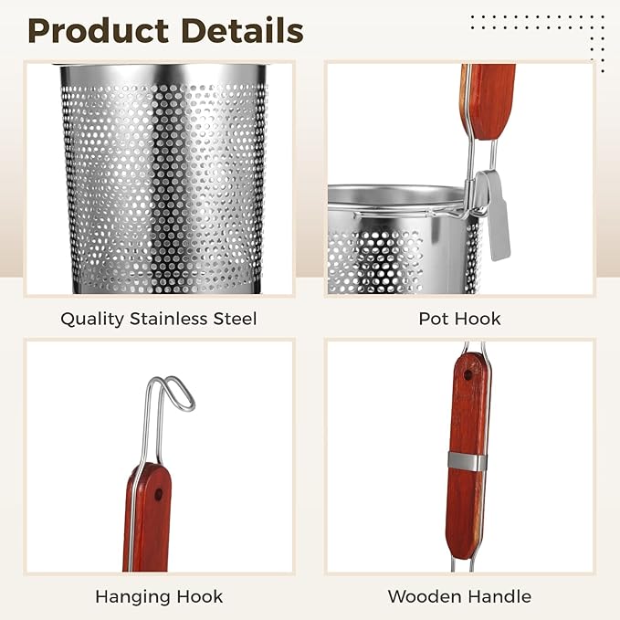 Stainless Steel Pasta Strainer 4 Pcs, Noodle Dumpling Strainers, Blanching Baskets with Red Wood Handle, Mesh Kitchen Tool Set, 4.7×5.5in（W×H）