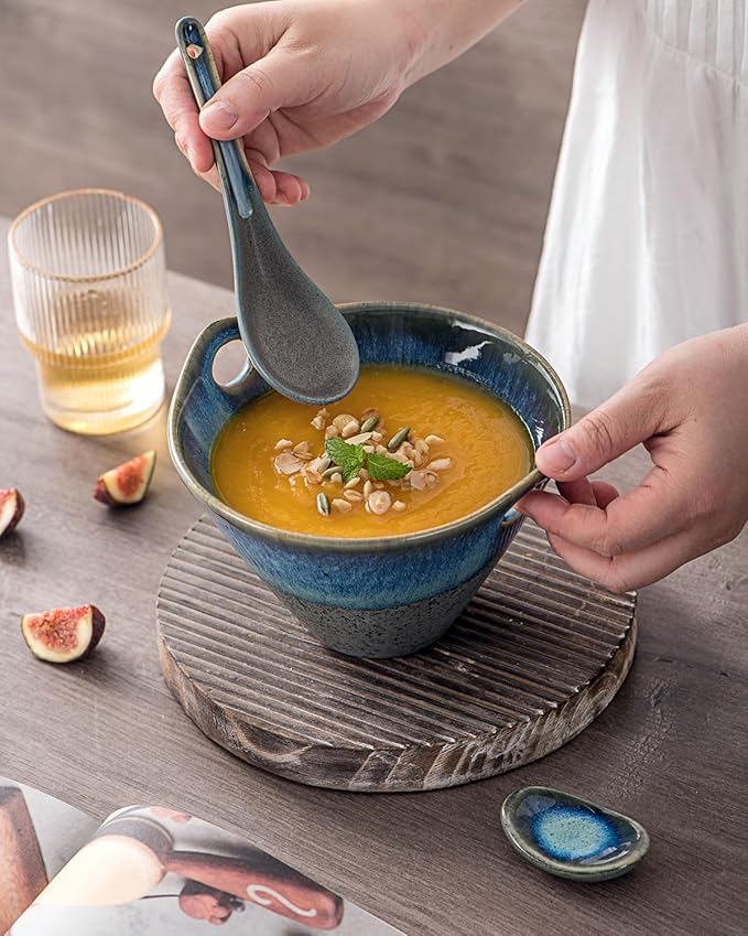 UNICASA Japanese Ramen Bowl Set with Chopsticks, Spoons and Rests, 20oz Deep Porcelain Noodle Bowl Set of 2 for Udon, Pho, Salad, Soup (Volcano Blue)