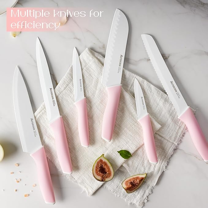 Astercook Knife Set, Kitchen Knives Set with Block and Sharpener Ceramic Coating 15 Pcs German Stainless Steel Knives Sharp Blade Dishwasher Safe Deba Knives with Ergonomic Handle, Crystal Pink