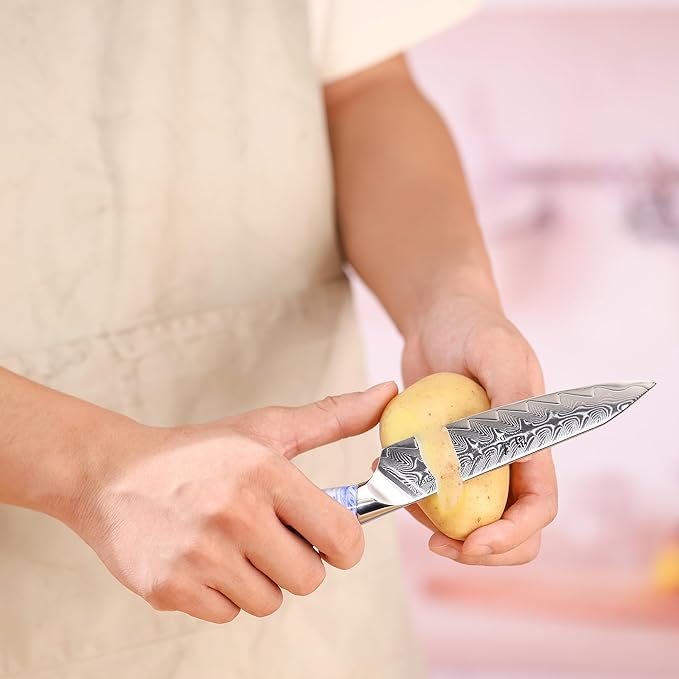 SHANGDAO 5 Inch Kitchen Utility Knife Razor Sharp Fruit and Vegetable Peeling Knives, Forged Damascus Steel with Blue and White Resin Handle - Full Tang - HUA Series