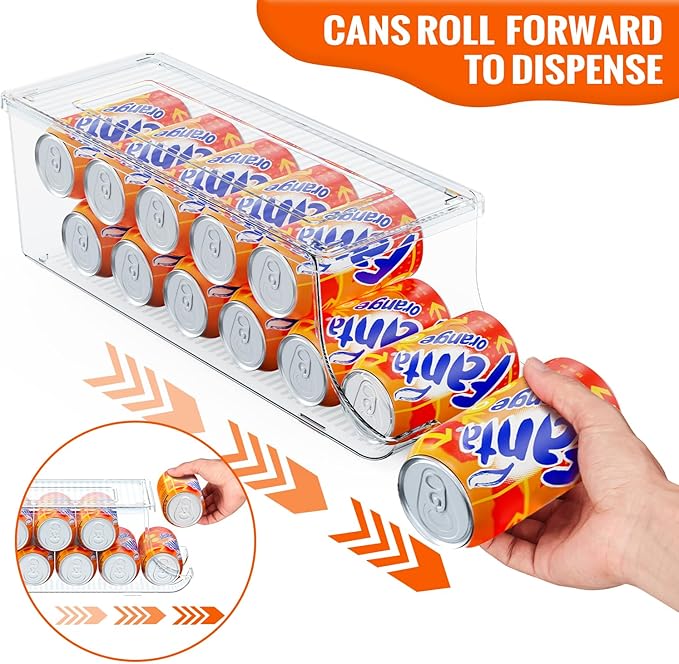 2 Pack Soda Can Organizer for Refrigerator, Stackable Canned Food Pop Cans Container Can Holder Dispenser with Lid for Fridge Rack Freezer, Clear Storage Bins-Holds 12 Cans Each (Clear)
