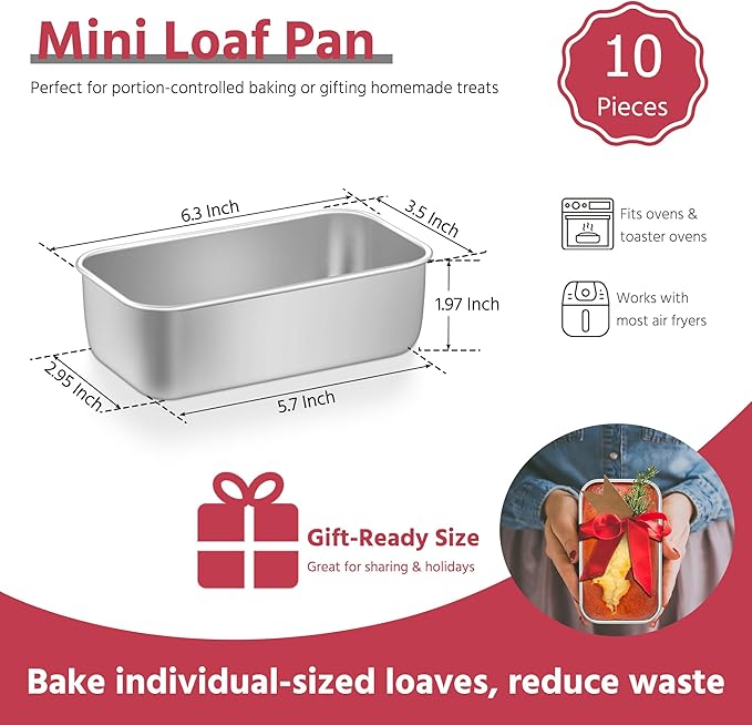 E-far Mini Loaf Pan Set of 10, Small Stainless Steel Bread Baking Pans for Oven, 6.3 x 3.5 Inch Tiny Meatloaf Pans for Homemade Bread Pound Cake Brownies, Non-toxic & Dishwasher Safe