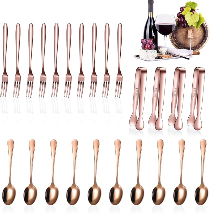 Cunhill 24 Pcs Charcuterie Accessories Mini Cocktail Tongs Small Serving Spoons and Appetizer Forks Stainless Steel Tongs Charcuterie Utensils for Valentine Party Supplies(Vivid Sharp Spoon,Rose Gold)
