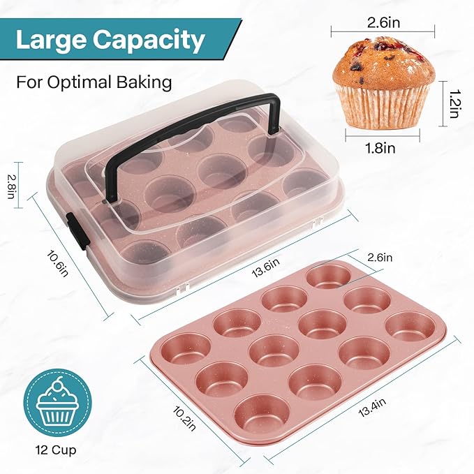Spmarkt 2-Pack Pink Cupcake Pan with Lid, 12-Cup Nonstick Cupcake Baking Pan with Handle for Easy Baking and Travel – Perfect Cupcake Pan for Parties, Birthdays, and Gifting