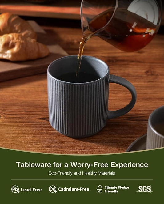 famiware Coffee Mug Set for 8, Star 12 oz Catering Mugs Cup Set with Handle for Coffee, Tea, Cocoa, Milk - Ceramic Stoneware Drinkware Set, Matte Dark Charcoal