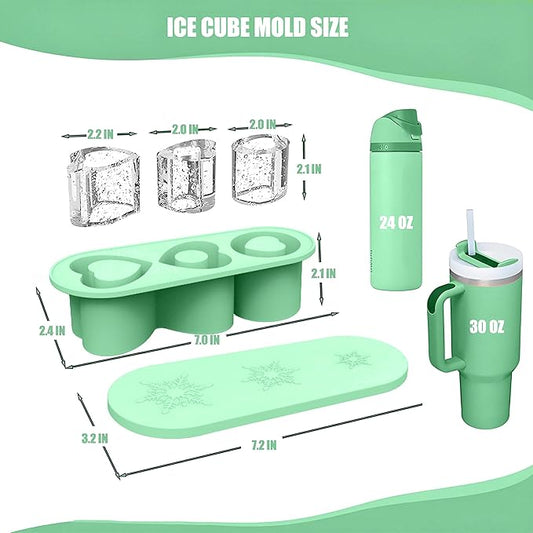 Ice Cube Trays for Stanley Cup 20 30 40 OZ Tumbler Ice Mold Heart Shape Silicone Ice Cube Tray with Lid, Stanley Ice Mold and Maker Ice Cube for Cocktails, Whisky, Juice (20-30 OZ, Green)