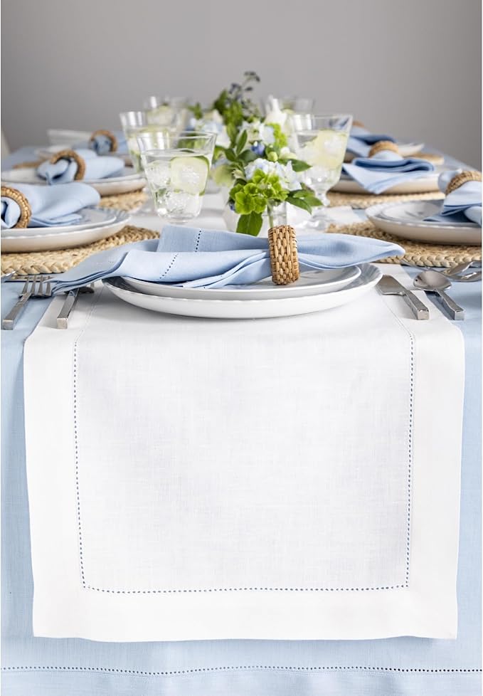 Solino Home Linen White Table Runner 156 Inches Long - 100% Pure Linen Extra Long Table Runner 14 x 156 Inch for Valentines, Spring, Easter - Classic Hemstitch