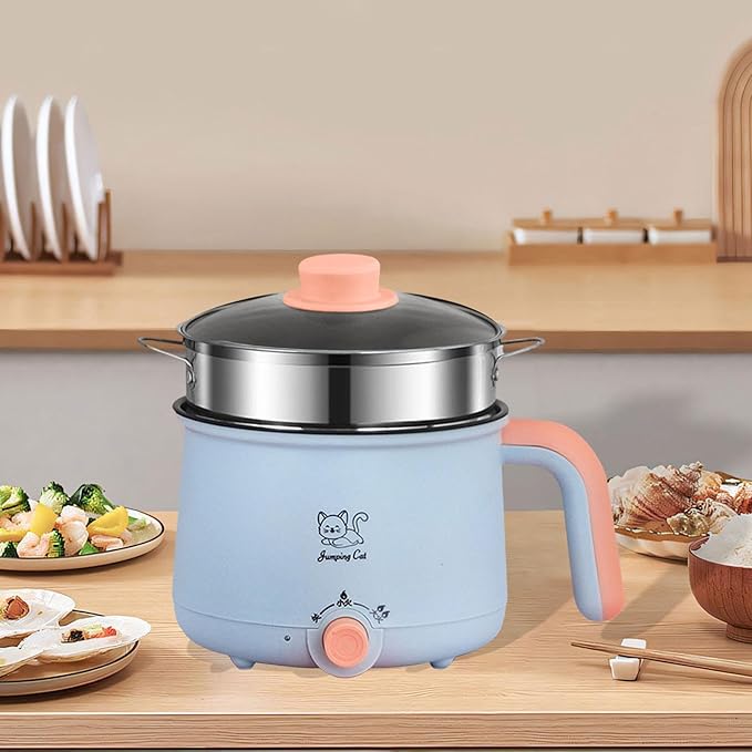 Electric Hot Pot 1.8L Ramen Cooker Cookware Multipurpose Soup Pot Noodles Pot Electric Cooker for Oatmeal Ramen Noodles Steak, Pot Steel Steamer