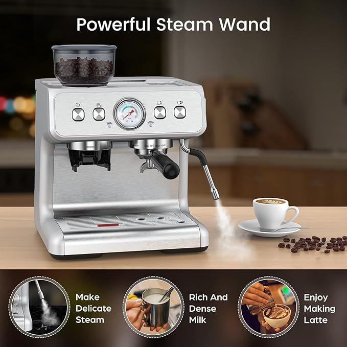 Electactic 20 Bar Espresso Machine with Grinder & Milk Frother Steam Wand, 58mm Stainless Steel Coffee Maker, Expresso Coffee machines for Home and Café Use, Perfect for Cappuccino and Latte