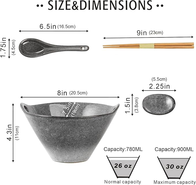 UNICASA Japanese Ramen Bowl Set with Chopsticks, Spoons and Rests, 26oz Deep Porcelain Noodle Bowl Set of 2 for Udon, Pho, Salad, Soup (Reactive Gray)