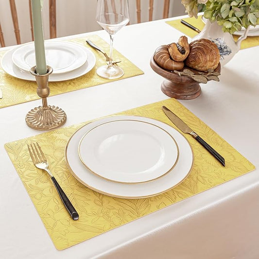 Romanstile Vinyl Placemats Set of 8-12 X 17 Inch - Heat Resistant Non-Slip Embossed Floral Place Mats 100% Waterproof Oilproof Wipeable Faux Leather Table Mats for Kitchen/Dining/Party, Yellow