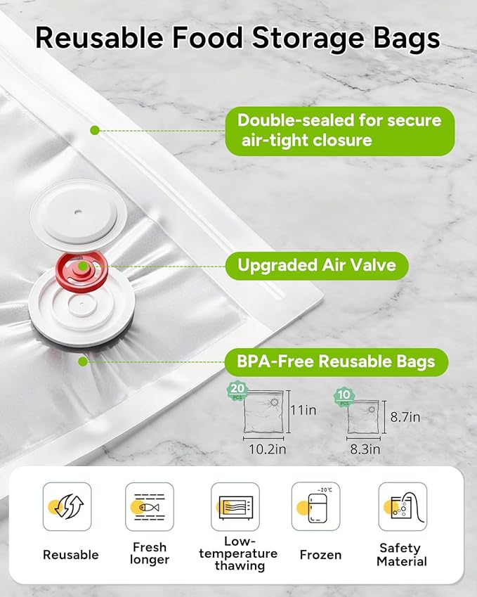 Handheld Vacuum Sealer for Food with 30 Reusable Bags, Compact Rechargeable Vacuum Sealer Machine, Food Sealer for Freezer, Kitchen, Home, BBQ, Sous Vide, Travel, Kitchen Gift Idea