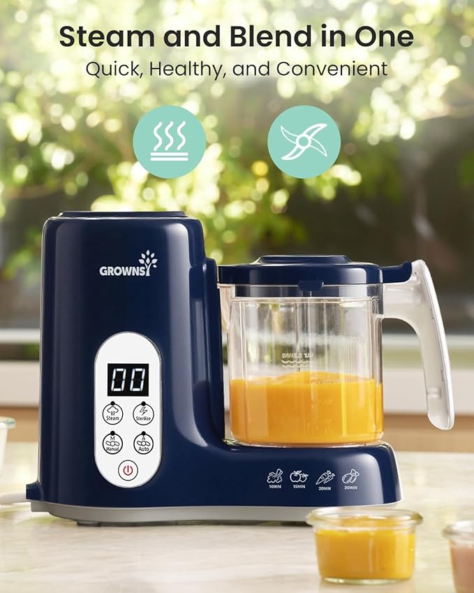 Grownsy Baby Food Maker with Steam Basket, One Step Baby Food Processor Steamer Puree Blender Grinder Mills Machine, Auto Cooking Grinding and Sterili-zing for Healthy Homemade Baby Food, Dark Blue