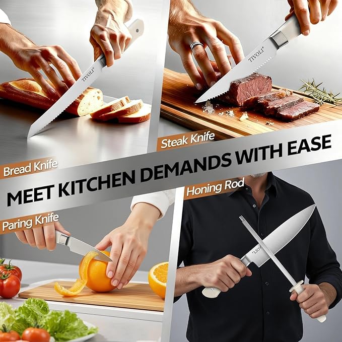 TIVOLI 15 Pieces Knife Set with Block, Forged, High Carbon Stainless Steel Sharp Blade Kitchen Knife Block Set with Ergonomic Wood Handle, Dishwasher Safe Cutlery, Gifts For Cooks, Cream White