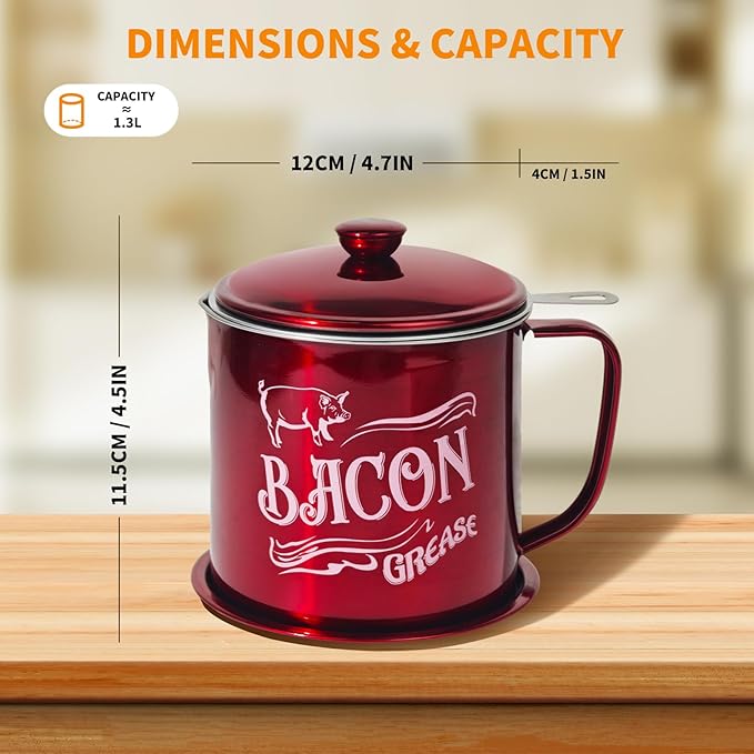 1.3L Bacon Grease Saver Container with Fine Mesh Strainer,Stainless Steel Oil Keeper Can for Bacon,46oz Large Rustic Farmhouse Fat Container, Keeper, Recipes, Dishwasher Safe (Red)