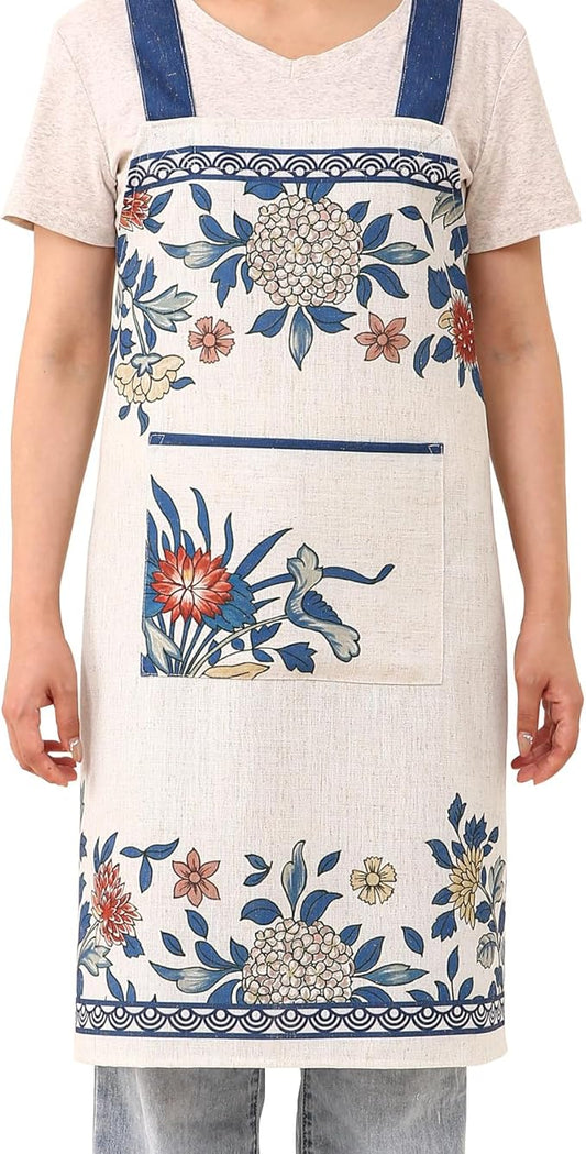 patdrea Blue Floral Linen Apron with Pocket,French Kitchen Garden Chef BBQ Aprons for Women and Men,Crisscross Back Straps