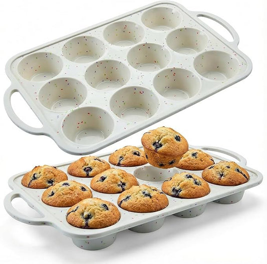 BAKE BOSS 2-Pack Regular Muffin Pan – 12-Cup Silicone Muffin Pans for Baking with Metal-Reinforced Frame – Nonstick Silicone Cupcake Pan, BPA-Free Muffin Tray, Oven & Dishwasher Safe – Cream