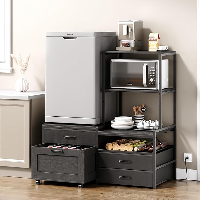 Mini Fridge Stand with Wine Rack, Kitchen Bakers Rack with Power Outlet, Microwave Oven Stand, Coffee Bar, Movable Drawers, for Dorm,Office, Black HB04BXB
