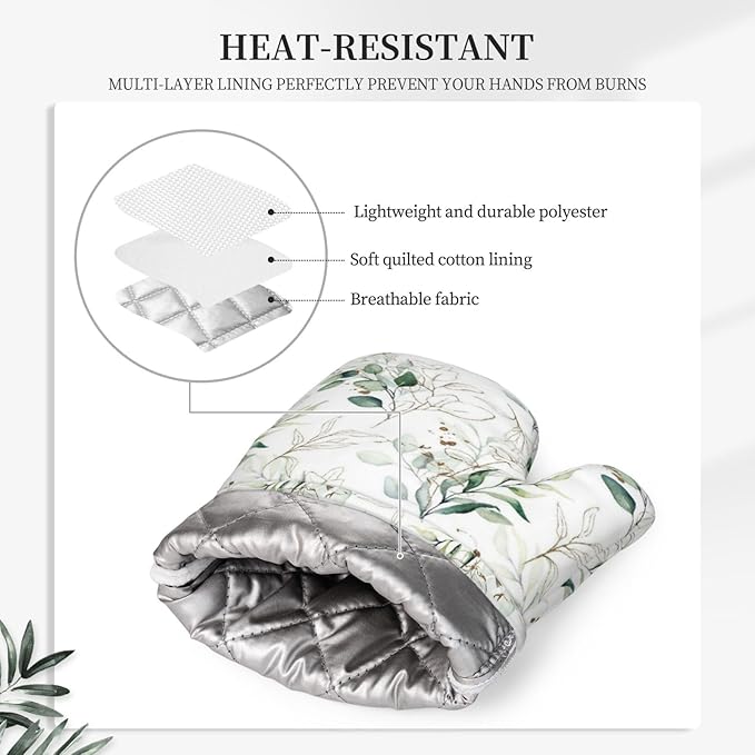 Watercolor Floral Pattern Silicone Oven Mitts and Pot Holders Sets Green and Gold Leaves with Branches Kitchen Mitts Potholder Kitchen Accessories for Cooking Baking BBQ