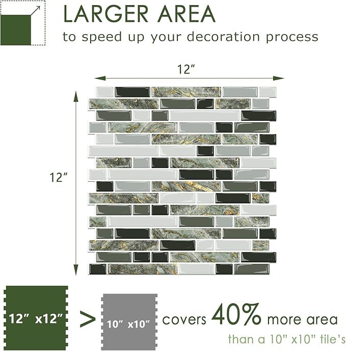 STICKGOO Thicker Design Peel and Stick Tile Backsplash, 12”×12”Stick on Backsplash for Kitchen, Self Adhesive Tile for Kitchen Backsplash and Bathroom(10 Sheets, Mixed Green)