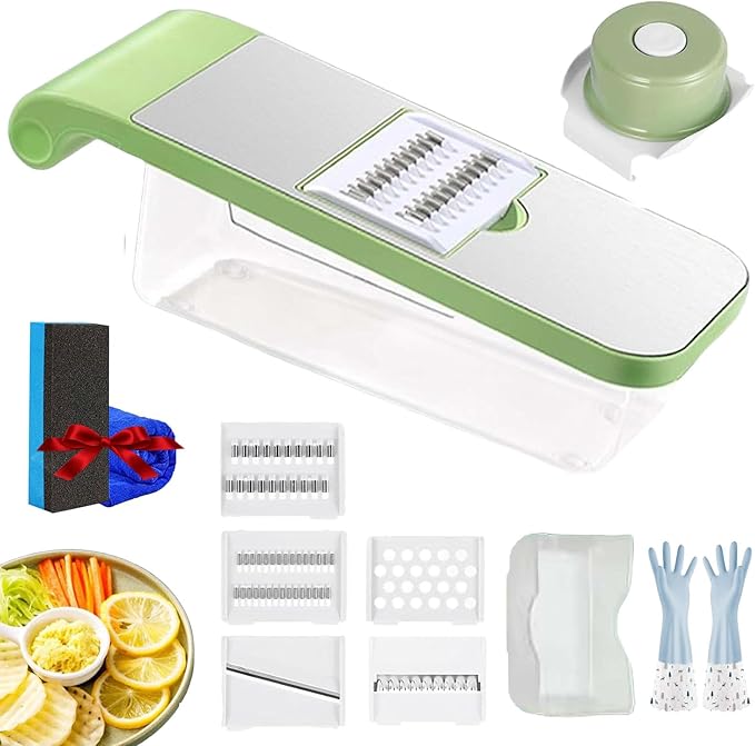 Multifunctional Vegetable Cutter, Portable Mandoline Slicer for Kitchen, Adjustable Vegetable Cutter with Stainless Steel Blades, Home Essentials & Kitchen Gadgets (5Blades+Box/Set)