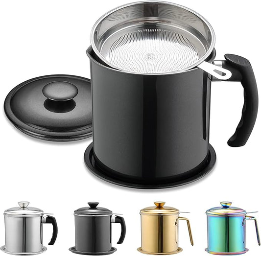 Berglander Black Bacon Grease Container With Strainer 47oz/1.4L, Stainless Steel Oil Storage Container with Fine Mesh Strainer Dust-proof for Storing Frying Oil and Cooking Fat, Cooker Accessories