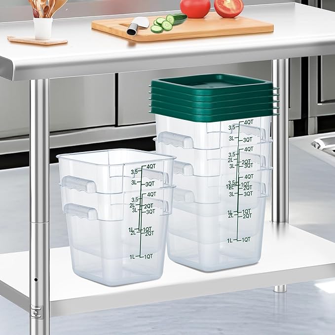 FSUON 4 Pack Clear Food Storage Containers with Lids and Handles Polycarbonate Square Commercial Food Containers, NSF (4Qt)
