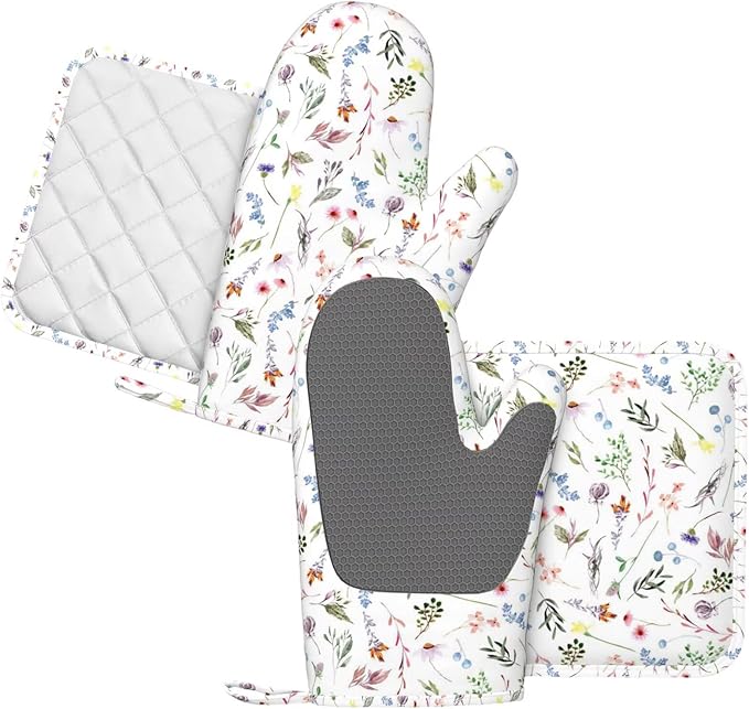 Colorful Wildflowers Silicone Oven Mitts and Pot Holders Sets Vintage Botanical Floral Kitchen Mitts Potholder Kitchen Accessories for Cooking Baking BBQ