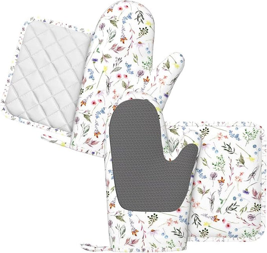 Colorful Wildflowers Silicone Oven Mitts and Pot Holders Sets Vintage Botanical Floral Kitchen Mitts Potholder Kitchen Accessories for Cooking Baking BBQ