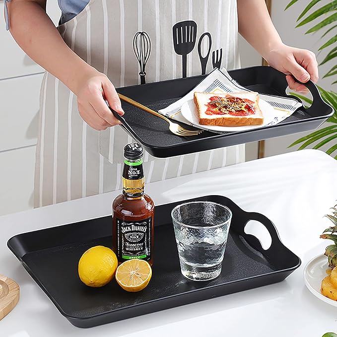 Cedilis 3 Pack Black Serving Trays with Handles,16 x 11IN Rectangular Non Skid Multi-Purpose Plastic OttomanTray for Restaurant, Parties, Coffee Table, Kitchen