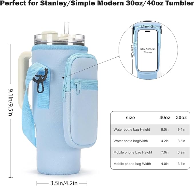 Water Bottle Carrier Bag for Stanley 40/30 oz Tumbler with Phone Pocket Neoprene Water Bottle Holder with Shoulder & Handheld Strap Stanley Cup Accessories