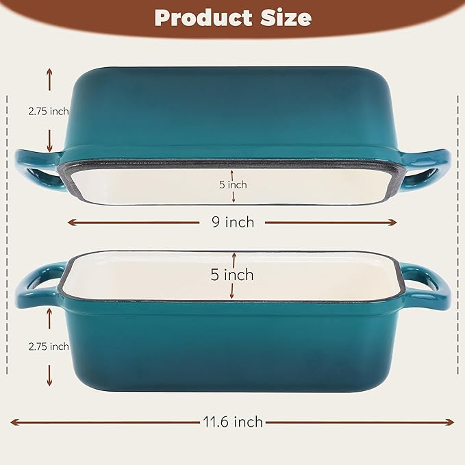Articasting Cast Iron Loaf Pan With Lid, Enameled Bread Loaf Pan For Homemade Bread Sourdough, 2 In 1 Loaf Pans For Baking Bread 9x5, Even Heating Bread Dutch Oven, Teal