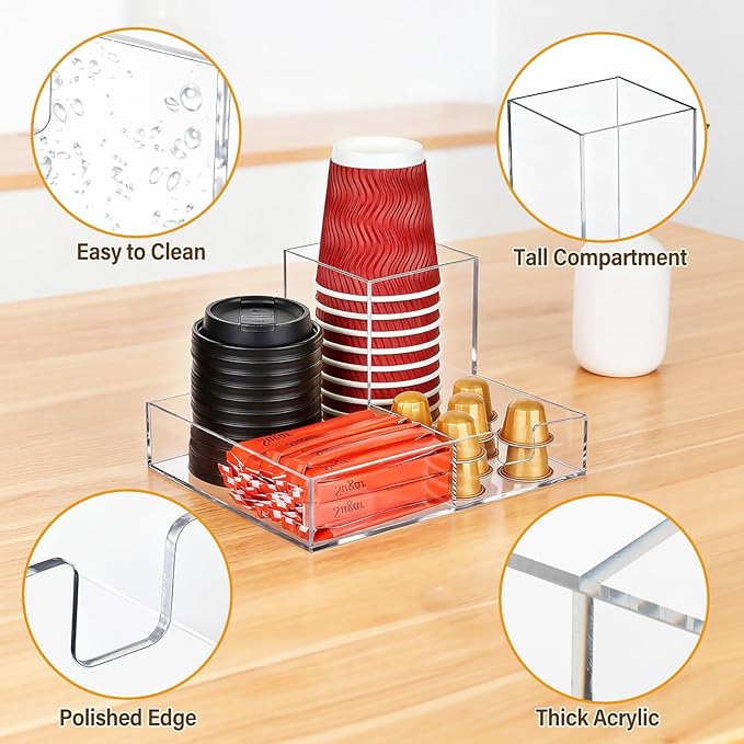 Coffee Cup Holder for Countertop, Clear Acrylic Coffee Bar Accessories and Organizer, Coffee Station Organizer for Cup Lid Stirrers Pod