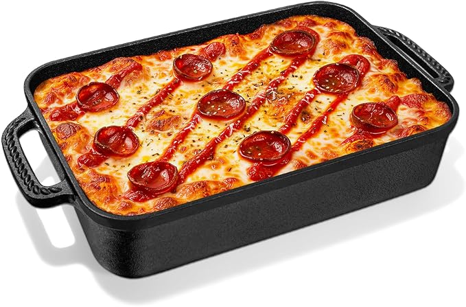 Lvmol Cast Iron Detroit Pizza Pan - 9x13 Inch Pre-Seasoned Deep Baking Dish for Casserole, Focaccia, Lasagna