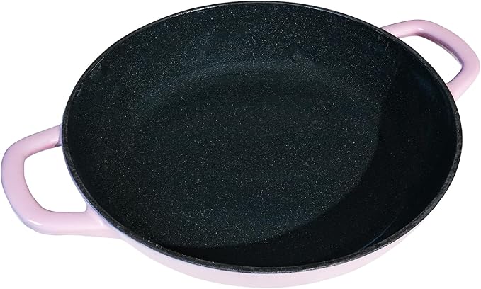 Flavehc Braiser Enameled Cast Iron 3 qt Braiser Pan with Lid Pink Shallow Cast Iron Casserole with Handels