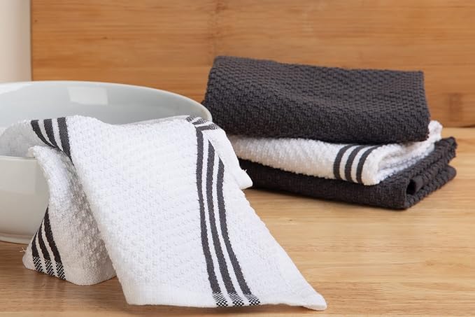 Sticky Toffee Cotton Dishcloths Set of 8 – Gray and White Kitchen Towels 12x12 in, Reusable and Absorbent Tea Towels for Cleaning or Drying, Oeko-Tex Cotton