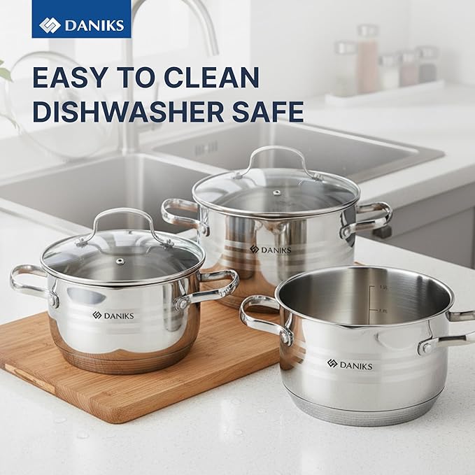 Daniks Tokio Stainless Steel Cookware Set, 6-Piece – 2 qt, 3 qt, 4.5 qt Pots with Glass Strainer Lids, Induction Ready, Dishwasher Safe, Measuring Scale, Silver