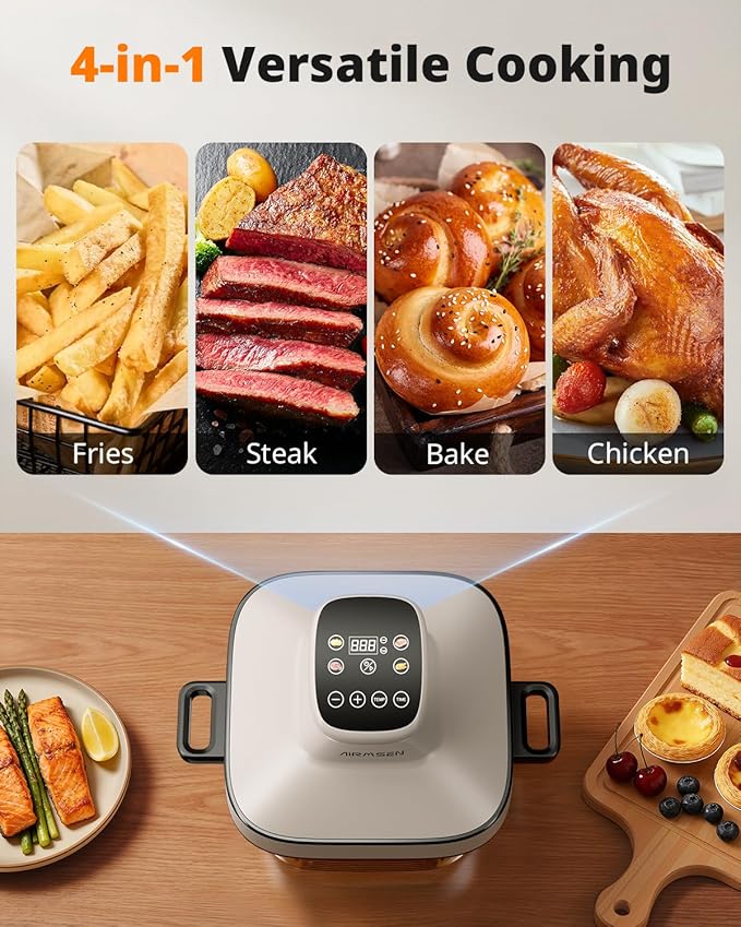AIRMSEN 6.3 QT Glass Air Fryer Non-Toxic, 4 Presets & Manual Control, 105–400℉ Precise Heat, 95% Less Oil, Auto-Pause & Resume, Microwave & Dishwasher Safe Glass Container for Family Meals