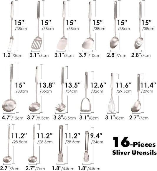 18/10 Stainless Steel Cooking Utensils Set - 16 PCS All Metal Small & Large Kitchen Spoons, Serving Utensils - Whisk, Masher, Fork, Tongs, Solid/Slotted Spoon, Spatula, Turner, Ladle, Skimmer, Pasta