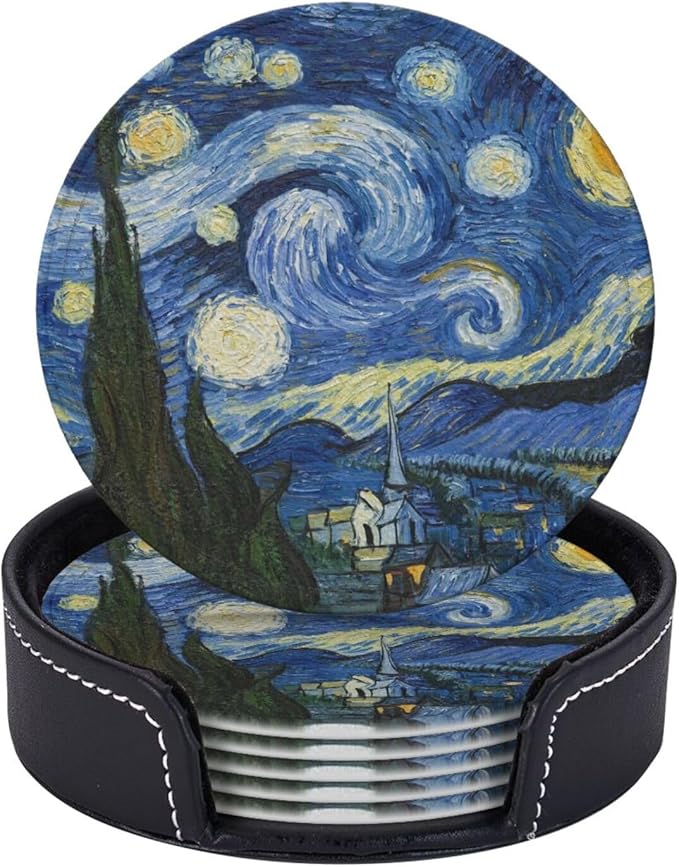 Van Gogh Art Leather Drink Coasters Set of 6 with Holder Round Cup Coaster for Table Decor