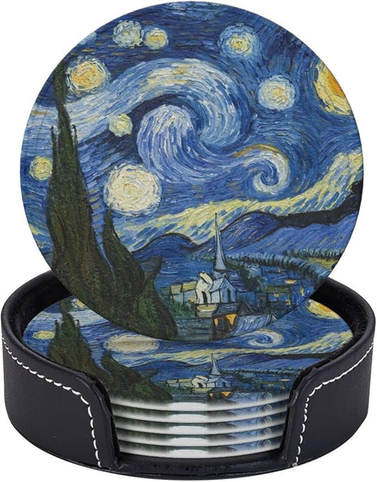 Van Gogh Art Leather Drink Coasters Set of 6 with Holder Round Cup Coaster for Table Decor