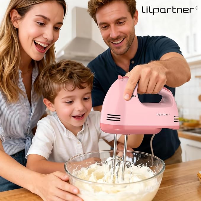 LILPARTNER Hand Mixer Electric, Small Food Mixer 7 Speeds Handheld Blender,304 *(1* Whisk, 2* Beater, 2*Dough Hook) Kitchen Blender for Cream, Cookies, Dishwasher Safe, Pink